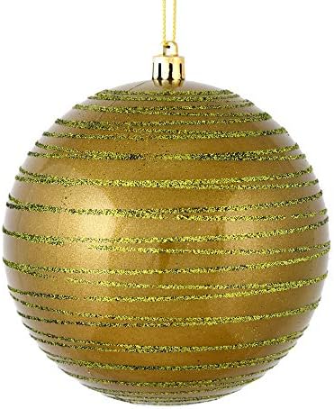 Bola de ornamento de Natal de Vickerman 6 , acabamento de doce de azeitona com linhas de brilho, plástico à prova