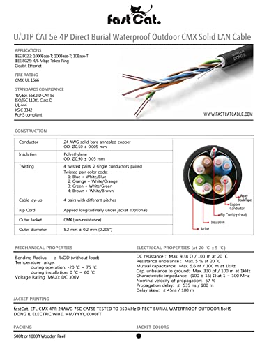 gato rápido. CAT5E ao ar livre, 1000 pés, cmx com classificação direta à prova d'água CMX, cobre nuclear de 24awg, 350MHz, UL listado, UTP não blindado, cabo Ethernet a granel