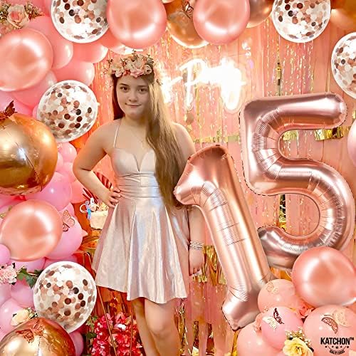 Katchon, Rose Gold 15 Balões Número - 40 polegadas | 15 Decorações de aniversário para meninas com confete | Decorações de
