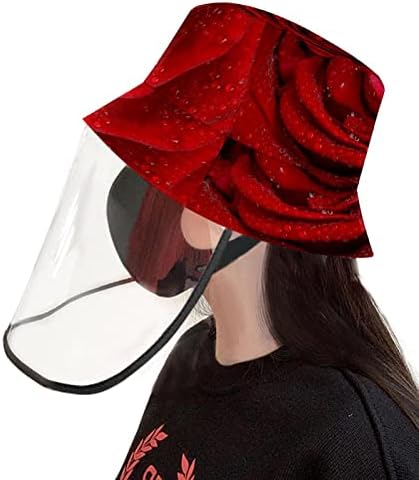 Chapéu de proteção para adultos com escudo facial, chapéu de pescador anti -sun tap, flor de rosa vermelha floral