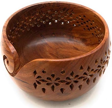 Fynjrex Sheesham Wood Wood Crafted Wooden Yarn Bowl com orifícios e exercícios esculpidos, acessórios de crochê de tricô, 7