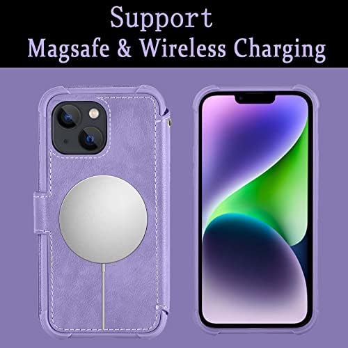 Vanavagy iPhone 14 Caixa de carteira Magsafe, capa de telefone Follio Follio Supports MagSafe e carregamento sem fio com suporte para cartão de bloco RFID e pulseira de pulso, violeta lilás
