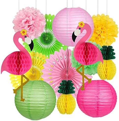 Supplies de festa flamingo, decorações de festas havaianas flamingo e abacaxi honeycomb lanternas de papel fãs de papel