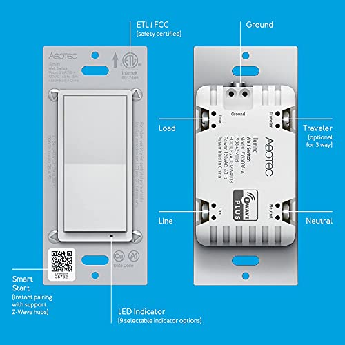 Chave de luz Zwave: interruptor de parede AEOTEC, 3 vias, repetidor, Off Off, SmartThings Switch, Z-Wave Plus, Gen7, Illumino,