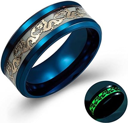 Efeito luminoso de 8 mm masculino anéis de dragão de aço inoxidável anel de banda de padrões para mulheres brilham no escuro