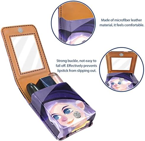 Caixa de batom de Oryuekan com espelho bolsa de maquiagem portátil fofa bolsa cosmética, desenho animado de bruxas Purple Halloween