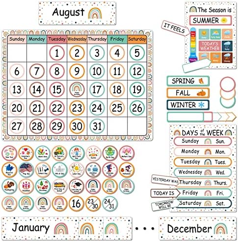 Boho Rainbow Calendar Bulletin Board com dias da semana, festival, estações, cartões meteorológicos para a Decoração