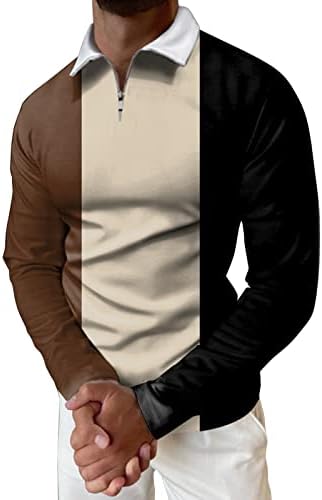 XXBR Mens Camisas Polo Zipper Tops de Golfe de Golfe de Manga Longa Slim Mush Mush Camisa Color Block Casual Casual Casual