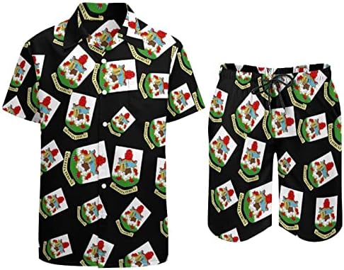 Brasão de braços das Bermudas Men 2 Peças Conjunto Hawaiiano Button-Down Shirve Shirts Calças de praia Faixa Fit Fit
