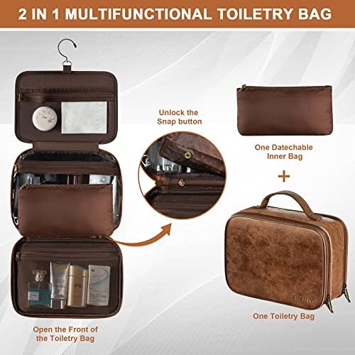 Bolsa de higiene pessoal de viagem Elviros para homens e mulheres, grandes sacos de maquiagem de couro pendurados organizador, 2 em 1 estojo cosmético resistente à água para acessórios de produtos de higiene pessoal do banheiro