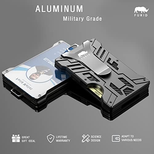 Carteira para homens Slim-Minimalist-Aluminum-Metal-Wallet com 1 titular de emblema de ID da janela transparente, carteira de bloqueio de RFID com clipe de dinheiro, carteira tática do cartão de crédito