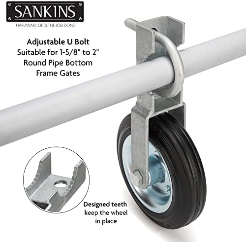 Sankins Gate Helper Wheel para suportar portões de balanço de metal com molduras de portão de 1-5/8 thru 2, roda de suporte de 6 portão impedem a arrastamento da cerca da cerca da corrente, 2 pcs