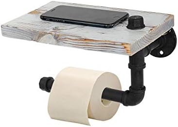 Tubos de ferro de parede de estilo industrial retrô e suporte de papel higiênico de madeira com bandeja de telefone de prateleira