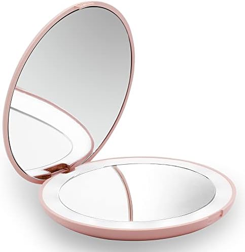 Espelho de maquiagem de viagem iluminada LED, 1x/10x espelho compacto espelho portátil pequeno espelho iluminado espelho de mão