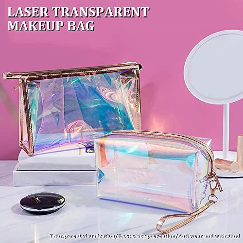 Bolsa de maquiagem holográfica, higiene pessoal transparente com zíper e maçaneta portátil, bolsa de cosméticos à