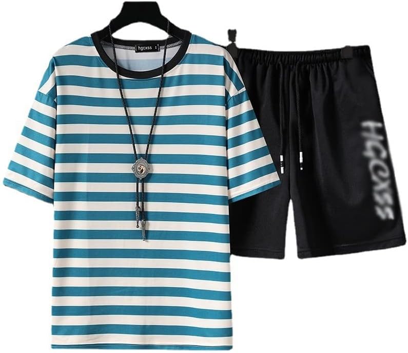 N/A Men Roupa Define Casual Summer Men Stripe de duas peças T-shirts+Terno esportivo de rua curto