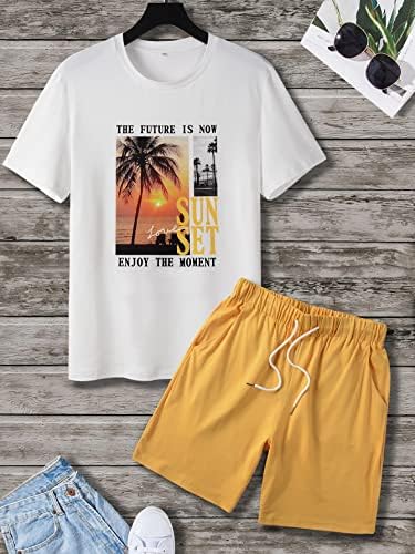 Roupas de duas peças de fioxa para homens Tropical & Letter Graphic Tee & Drawstring Surfras da cintura