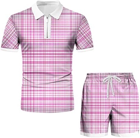 XXBR Mens Summer 2 Peças Conjuntos de impressão xadrez verificados Camisetas de golfe zip pólo