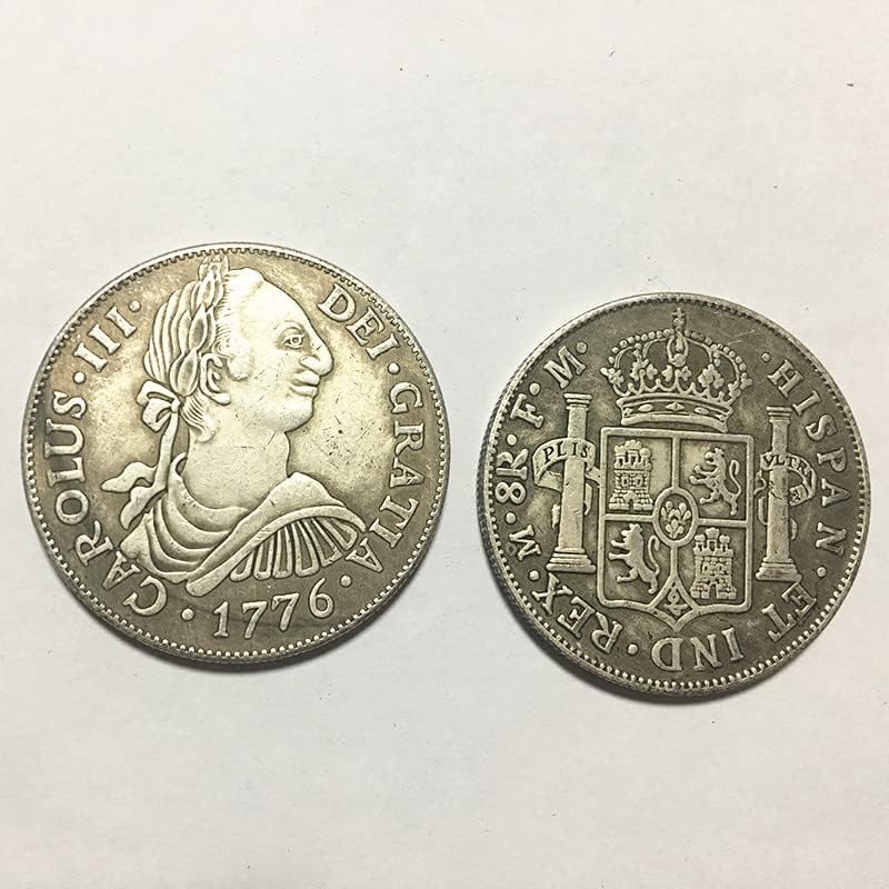 38 mm Espanhol Carlos III Moeda de prata de coluna dupla 1776 Coin comemorativa de prata de cobre antigo