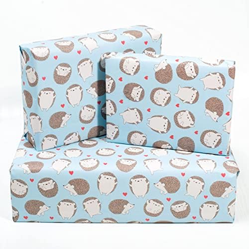 Central 23 - Papel de embrulho para crianças - meninos - meninas - Blue Giftwrap - Hedgehog and Hearts - Papel de embrulho