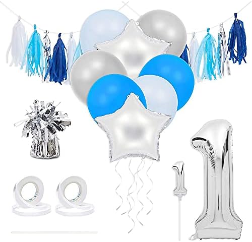 Decorações de festas de 1º aniversário de 1º aniversário azul e prata, balões, capela e borlas