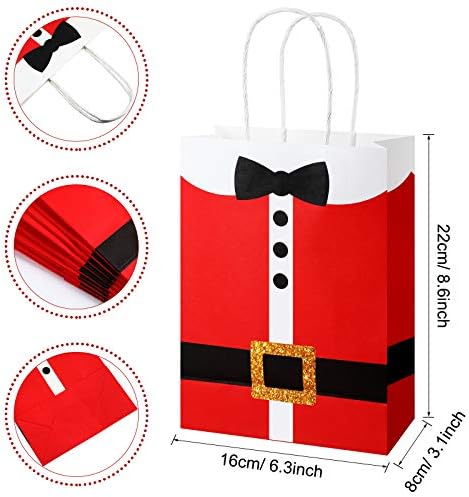 16 peças sacos de presente de Natal Papai Noel Clause de terno de impressão com alça, bolsas de Natal de papel Kraft