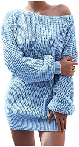 Vestido de suéter de malha solto fora do ombro feminino