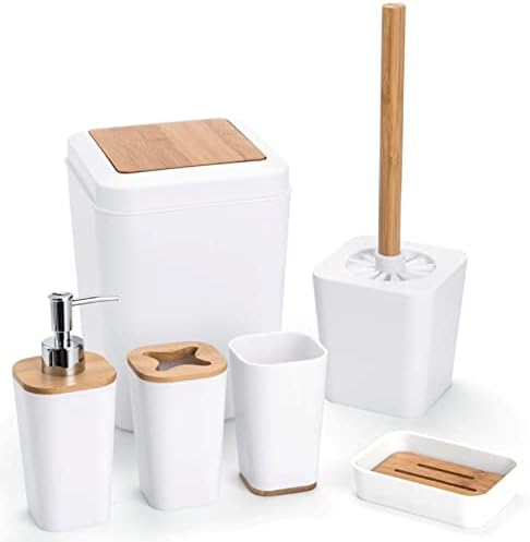 Conjunto de acessórios de banheiro branco Kralix White, 6 peças de banheiro de bambu completo com suporte de escova
