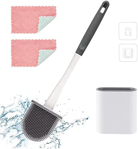 Brush de silicone e conjunto de suporte, escova de vaso sanitário para limpeza de banheiros Silicone Screwber Defcution Limpador de limpeza com suporte ventilado e 2 pano de limpeza