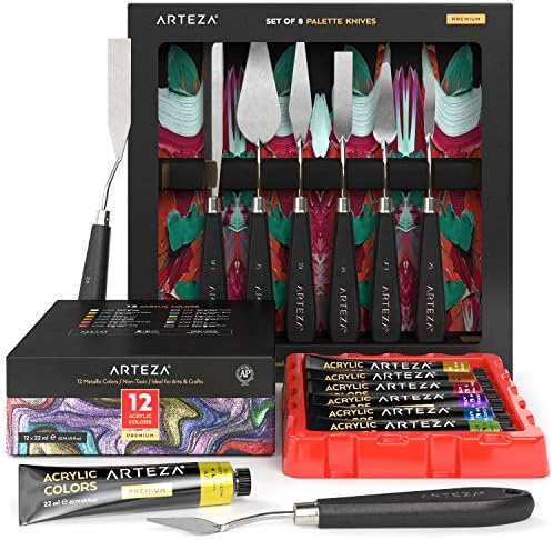 Facas da paleta Arteza 8 pacote com conjunto de tintas acrílicas metálicas de 12, pintando suprimentos de arte para artistas, hobby pintores e iniciantes