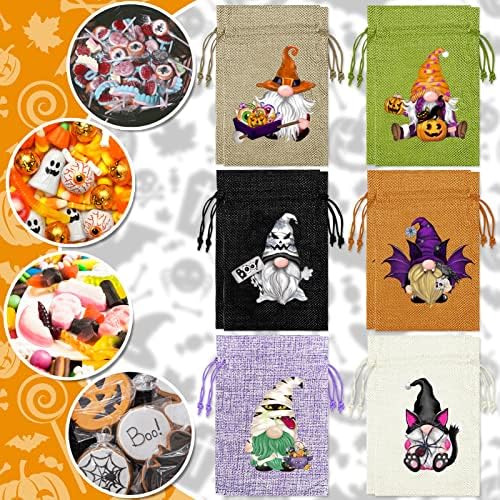 Halloween Surlap Sacos de tratamento com cordões 24pcs, aquarela 12 Projeta sacos de doces de Halloween Gnome Candy Sacos