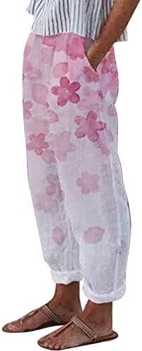 Calças de linho de algodão da Meymia Womens, 2023 Summer Womenm Lightweight Flor Flower Print Smocked Stretch Crop Jopper