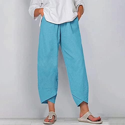 Calças de linho de algodão casual de verão para mulheres calças largas de perna larga com cintura alta com bolsos confortáveis