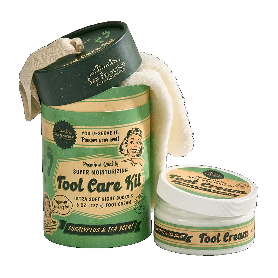 San Francisco Soap Company Pedro Kit-Foot Creme com meias difusas Pacote de cuidados com os pés- Conjunto de presentes para mulheres perfumadas e hidratantes- Eucalipto e chá