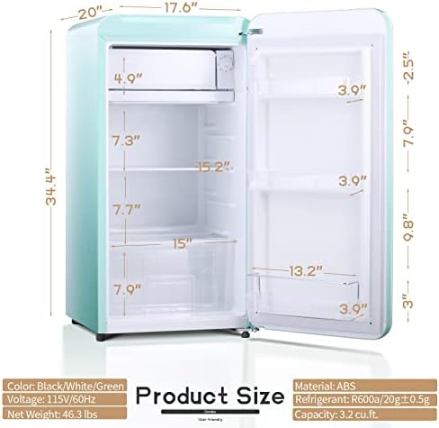 LHRIVER MINI GRIGE com freezer, 3,2 cu. ft. geladeira vintage com prateleiras de vidro removíveis ajustáveis, controle mecânico, alça