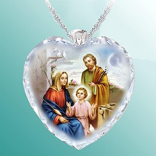 Qtmy Jesus Decorações de Natal, Cristal Sagrado Família Coração Religioso Colar Pingente Pingente