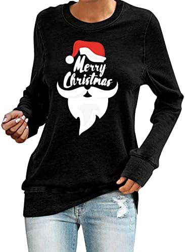 Fragarn Womens Christmas T Camisetas Senhoras Casual Lattice Princo redondo Roult Drop ombro Capuz de manga comprida