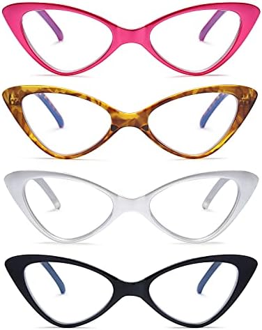 Óculos de leitura de 4 pacote para mulheres, gato de gato de gato azul bloqueando os leitores com dobradiças de primavera, raios