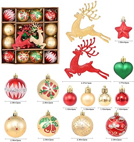 Ornamentos de bolas de natal vermelho dourado, 38pcs Red Green Gold Christmas Tree Ornamentos com veados de Natal, estrela da árvore