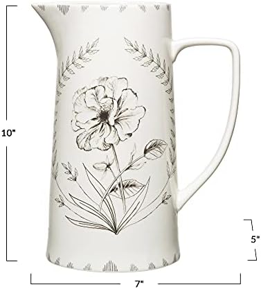 Creative Co-op Stayware Floral Image Pitcher, 10 , White & Black