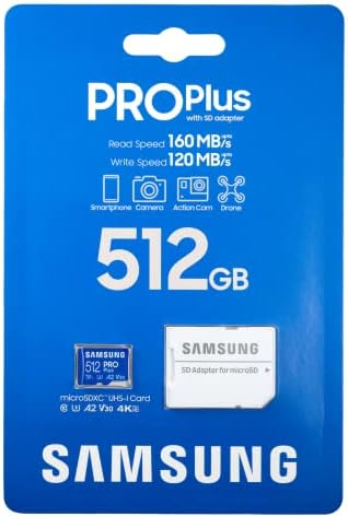 Card de memória MicroSDXC Samsung Pro Plus 512GB para o telefone Samsung Galaxy funciona com A52 5G, A52, A21, A12, A11,
