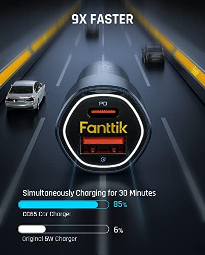 Fanttik 65W carregador de carros USB C, adaptador de carro de carregamento rápido de dupla porta com PD3.0 QC3.0 Compatível