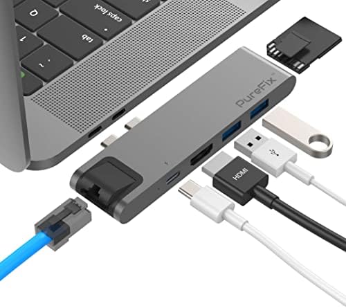 Adaptador de cubo Purefix USB C, extensão 7-in-2 com Gigabit Ethernet, 4K HDMI, Tipo C 100W PD e 40Gbps, 2 USB-A 3.0,