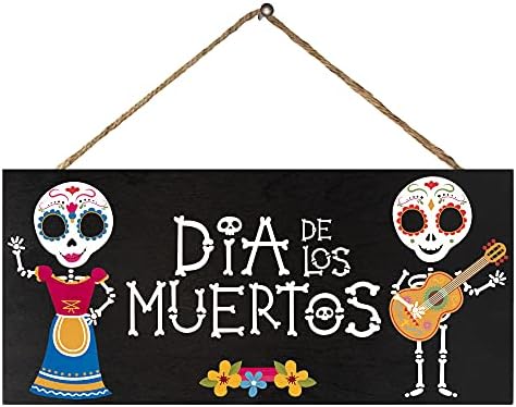 Jennygems Day of the Dead Sign, Dia de Los Muertos Decor, sinal de madeira pendurado de 13x6 polegadas, dia da decoração