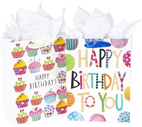 Lezakaa 9 Sacos de presente de aniversário pequenos com papel de seda - cupcake e design de letras com glitter