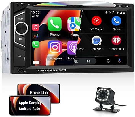 Estréreo de carro duplo com CD/DVD player Apple CarPlay Android Auto, Receptor de áudio de carro Bluetooth de 6,2 '