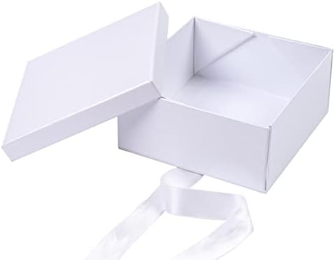 LEZAKAA 2PCS Caixa de presente brilhante branca com fita de tampa e cetim - 5x5x2,4 polegadas Caixa de presente dobrável