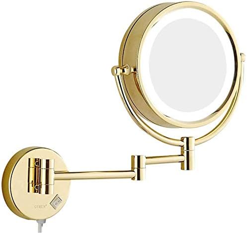 Espelho de maquiagem de ouro iluminado por LED de 8 polegadas, espelho de dupla face com ampliação, dobrável 360 ° Girando o espelho de barbear de parede com parede com plugue de interruptor, 3x