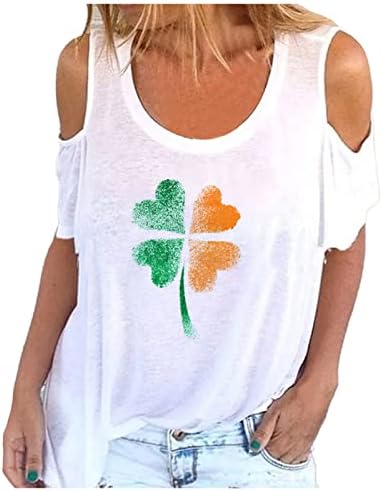 Wpoumv St. Patricks Dia Mulheres ombros frios Tops de estampa shamrock Camisetas de manga curta T Trendy Crew Neck Casual Blouse