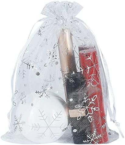 Pacote HRX 100pcs Snowflake Organza Bags Christmas 5x7 polegadas, Bolsas de presente de malha de cordão branco para joias favoritos